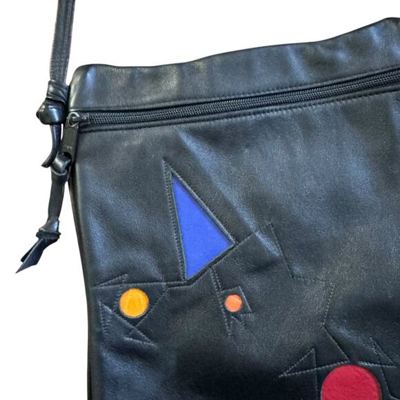 Ilze Heider Artsy Leather Design Crossbody Purse Black Colorful Shapes Eclectic - Picture 4 of 13